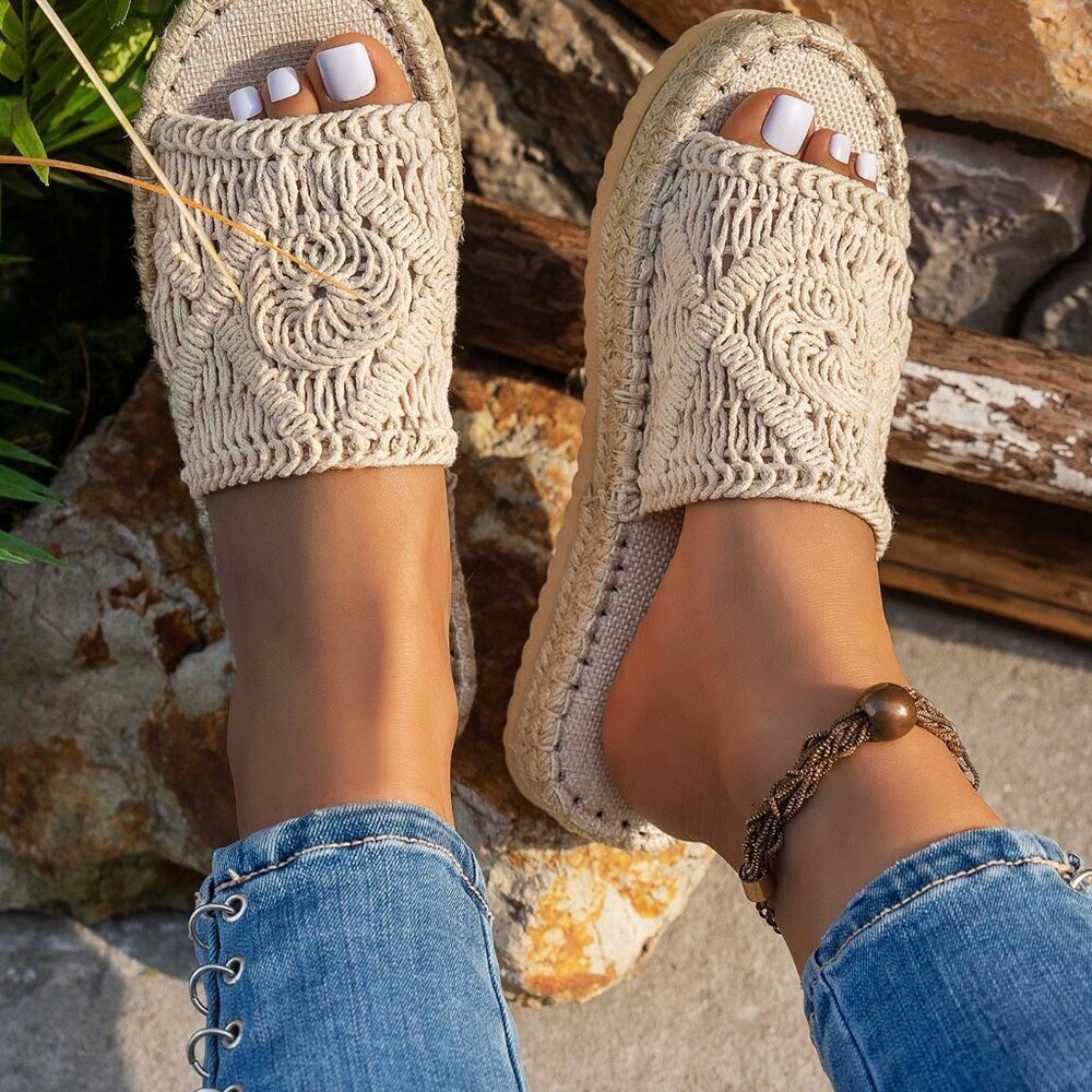Beige Women's Rope Woven Hollow Asymmetrical Flat Sandals - Picture 3 of 5